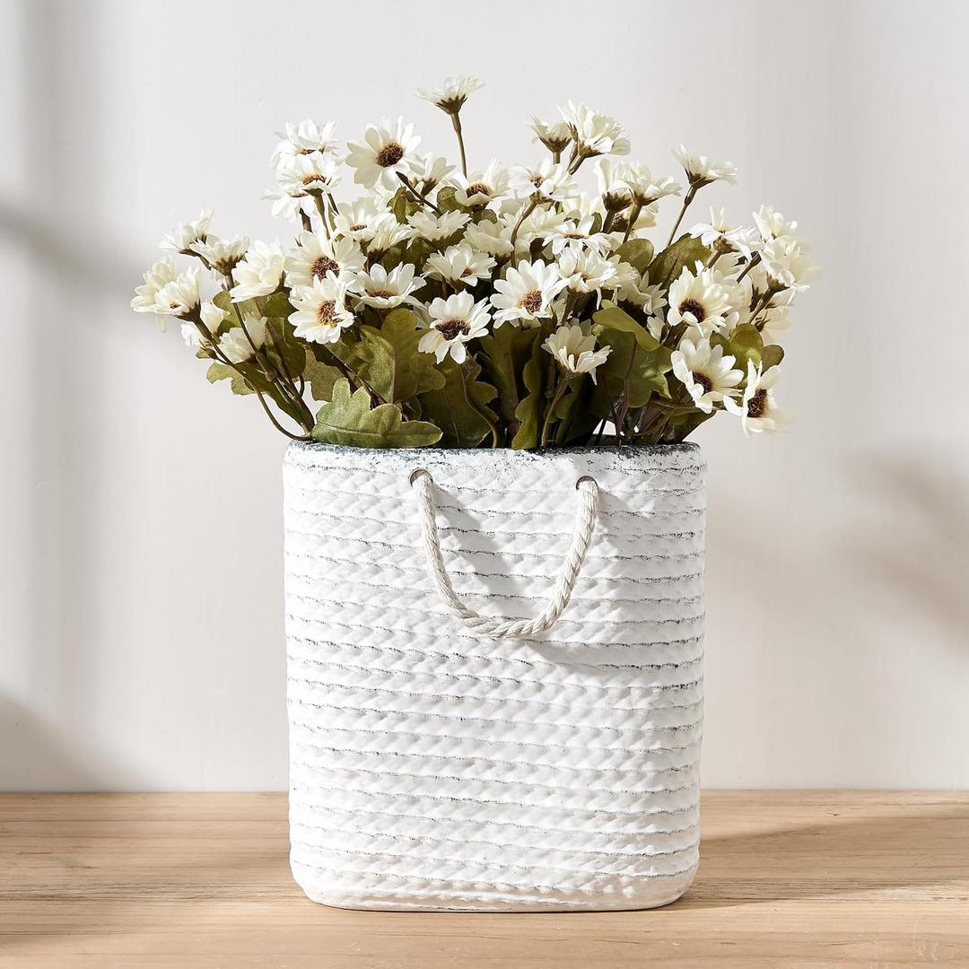 Vaseking Elegant White Petite Vase, 8 inch Ceramic Modern Minimalism Basket Vase with Hanging Rope, Creative Tote Bag Vases for Home Decor, Living Room, Wedding, Bookshelf Decor