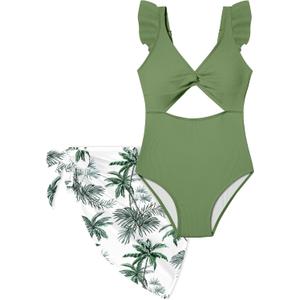 Girls One Piece Swimsuit Cut Out Ruffle Bathing Suit Twist V Neck Swimwear Solid Color with Cover Up Skirt 7-16T (9-10 Years, Green)
