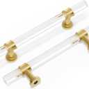 10 Pack Peaha Acrylic Drawer Pulls Brass Cabinet Pulls - PH 9165GD102 Kitchen Cabinet Pulls Brushed Brass Cabinet Hardware 4in Hole Center, 6-2/ 5 Inch Overall Length