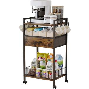 Small Coffee Bar Cart with Drawer Srorage, Office Coffee Bar Station Organizer Mug Cup Holder Stand, K Cup Holder Rack for Home Buffets & Sideboards for Kichen, Entryway, Living Room (Black)