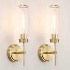 MOKATNG Wall Sconces Set of Two, Brushed Gold Bathroom Sconces with Clear Glass, Hardwired Sconces Wall Decor Set of 2, Modern Wall Light Fixtures for Bathroom Mirror Living Room Bedroom Hallway