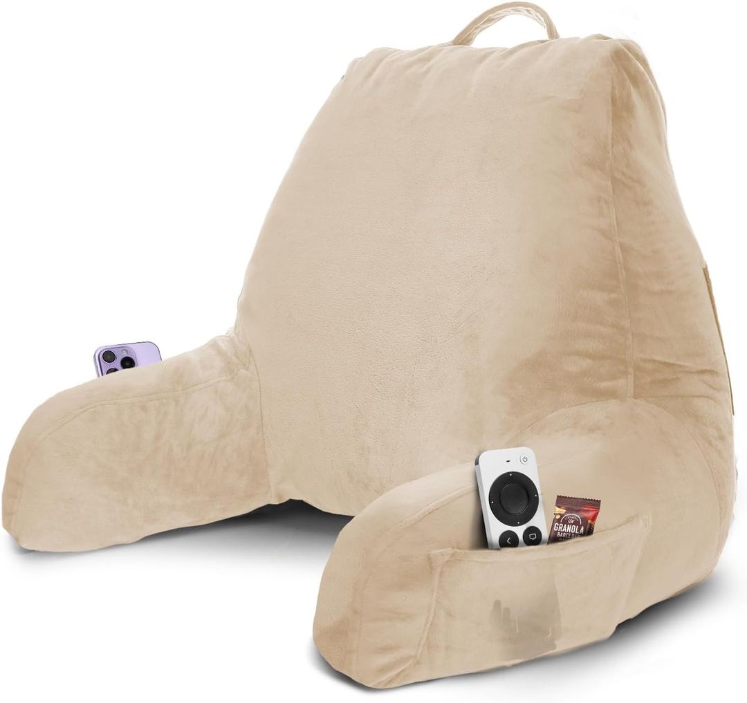 Nestl Reading Pillow with Shredded Memory Foam, Designed for Sitting Up in Bed and Couch, Back and Arms Adjustable Support for Adult & Teens Backrest Pillows for Reading, Washable Cover, Beige Cream