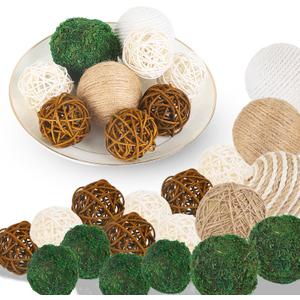 Orbs Decorative Balls for Centerpiece Bowls 18pcs Fake Moss Balls and Jute Rope Wicker Rattan Set Bowl Vase Fillers for Home Table Wedding Rustic Garden Party Decor