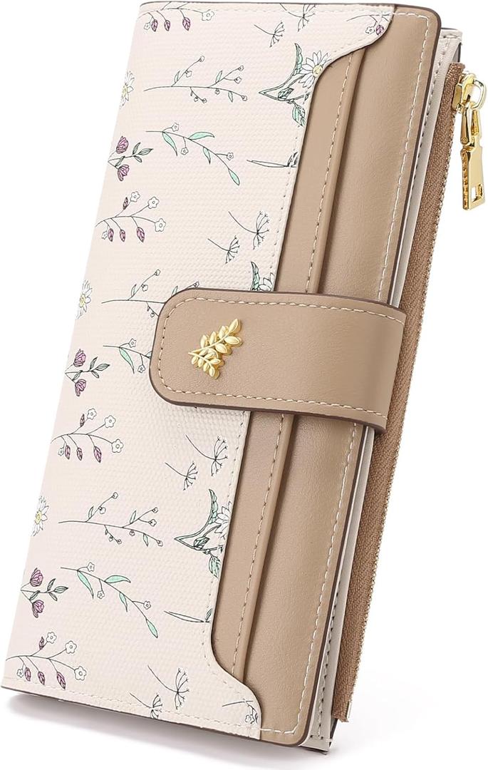 GAEKEAO Womens Wallet Slim Thin RFID Blocking Floral Vegan Leather Card Holder Bifold Long Ladies Wallet with Zipper Pocket