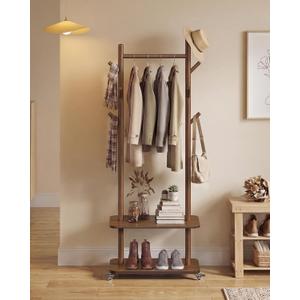 VASAGLE Freestanding Coat Rack with Wheels, 7 Wooden Hooks, 2 Shelves