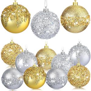 Syhood 12 Pieces Glitter Christmas Ball Ornaments Rhinestone Sequin Christmas Decorations Hanging Plastic Balls for Xmas Trees Wedding Party Holiday Decorations(3.15 Inch,Gold Silver)