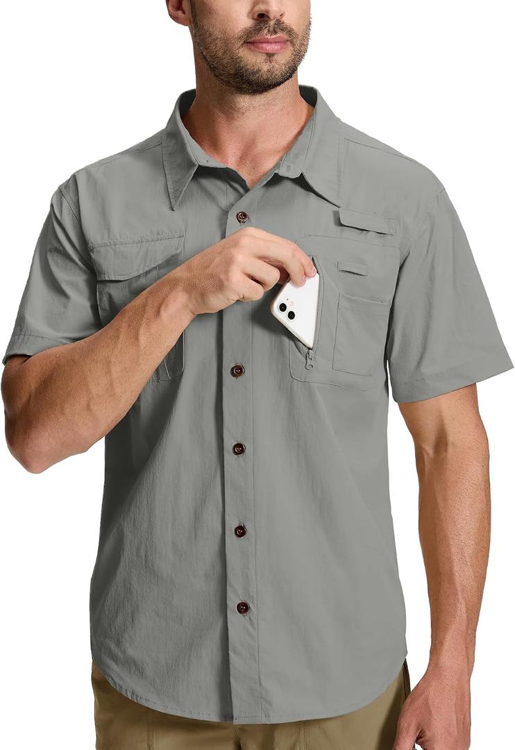 Men's Fishing Shirt Sun Protection Short Sleeve Safari Outdoor Button Down Shirts for Hiking Travel Work (Gray, S)