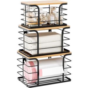 3 Pack Stackable Pantry Organizer,Stainless Steel Trash Bag Holder Dispenser,Kitchen Storage Organization for Kitchen Counter Sink,Laundry Room,Pantry, Black