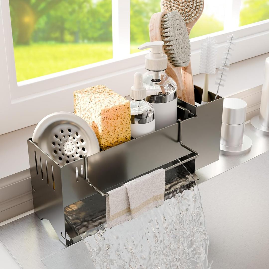 Kitchen Sink Caddy Organizer, Sponge Holder for Kitchen Sink with Upgraded Extra-Wide Drain Board, Efficient Drainage, Stainless Steel with Rust-Resistant Coating (Gray)