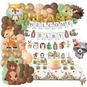 128pcs Woodland Animals Baby Shower Decoration Forest Animal Neutral Gender Reveal Party Supplies Safari Birthday Party Balloon Garlands,Oh Baby Balloons,Welcome Baby Banner,Tabletop Decor