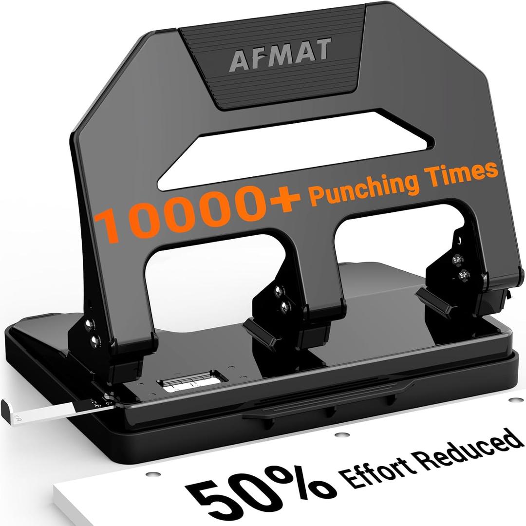 AFMAT Heavy Duty 3 Hole Puncher, 40-Sheet Paper Punch Heavy Duty, 50% Reduced Effort Three Hole Punch, 10K+ Uses, Metal Hole Puncher 3 Ring w/Large Tray, Bulit-in S.S. Paper Guide HPX2(Black)