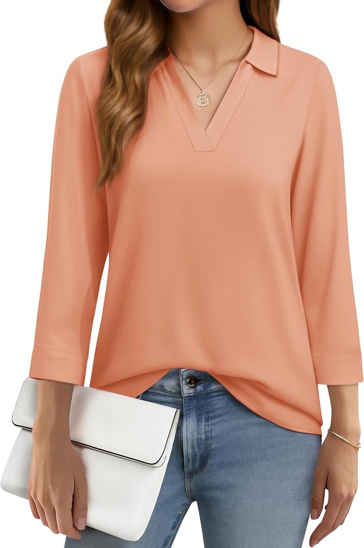 YUCOLEN 3/4 Sleeve Tunic Tops for Women V Neck Collared Shirts Chiffon Work Blouses Dressy Casual (Orange, L)