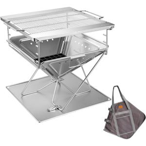 CAMPINGMOON 3 in1 Flatpack Portable Fire Pit Grill 16 inch Heavy Duty Stainless Steel Wood Burning Camping Stove Adjustable Height Backyard Outdoor Cooking RV Trips Carry Bag included MT-055