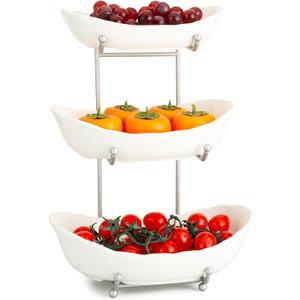 Fruit Bowl for Kitchen Counter, 3 Tier Ceramic Serving Bowls with Metal Stand, Tiered Fruit Basket for Fruit Vegetable Storage, Snack, Bread Candy, Nuts, Cake, Dessert (White)