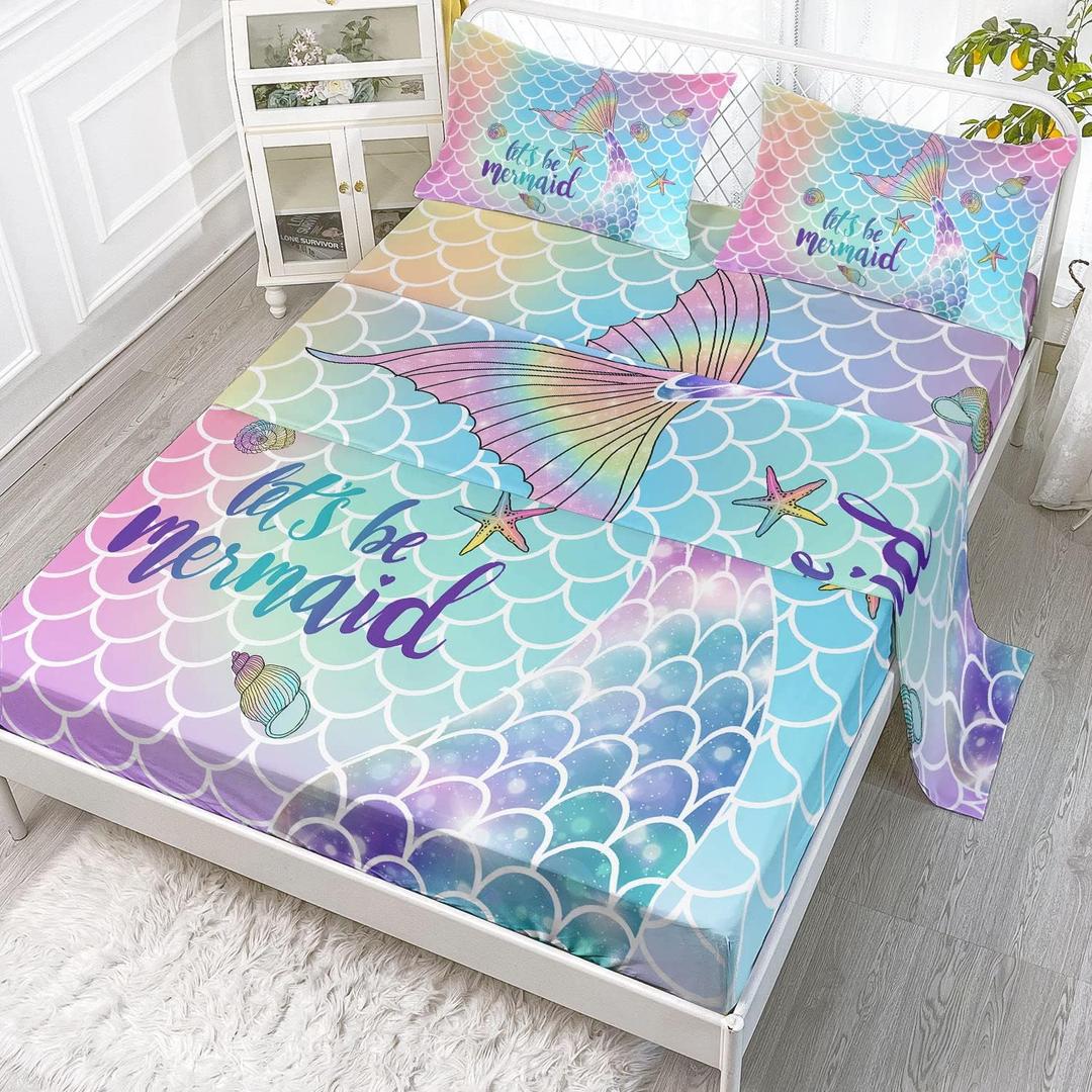 Datura home 4Pcs Kids Fitted Sheet and Flat Set Rainbow Scales Mermaid Printed Pattern Bedding with 1 + 2 Pillowcases for Boys Girls (Rainbow Full), Full 81x97 Inches
