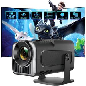 Mini Projector with WIFI 6 and Bluetooth 5, HY320 Full HD 4K Support, Portable Projector Android 11, 300ANSI Auto Keystone Correction 130" Screen, 270 Rotatable Projector for Phone/Laptop