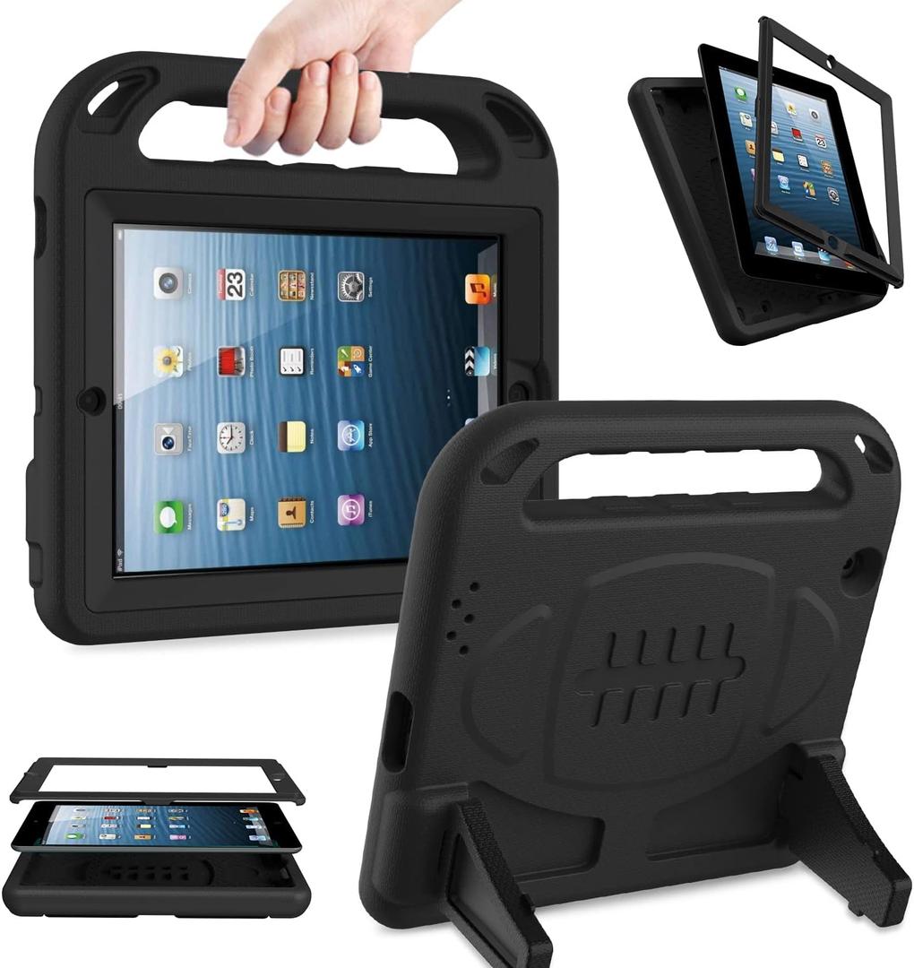 AVAWO Kids Case Built-in Screen Protector for iPad 2 3 4 Old Model- Shockproof Handle Stand Kids Friendly Compatible with iPad 2nd 3rd 4th Generation (Black)