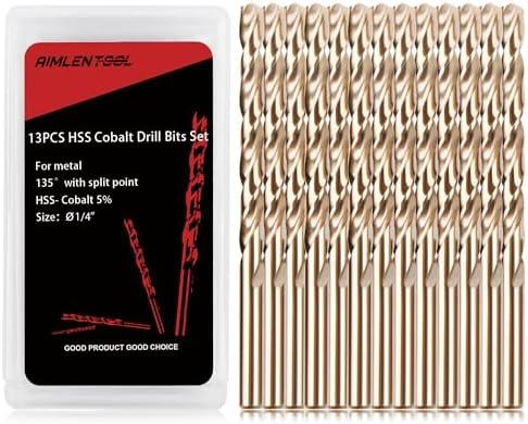 AIMLENTOOL 1/4 Inch Cobalt Drill Bits, 13 Pack of M35 HSS, 135 Degree Tip, Jobber Length Twist Drill Bit Set for Hardened Metal, Stainless Steel, Cast Iron, Wood and Plastic, with Indexed Storage Case