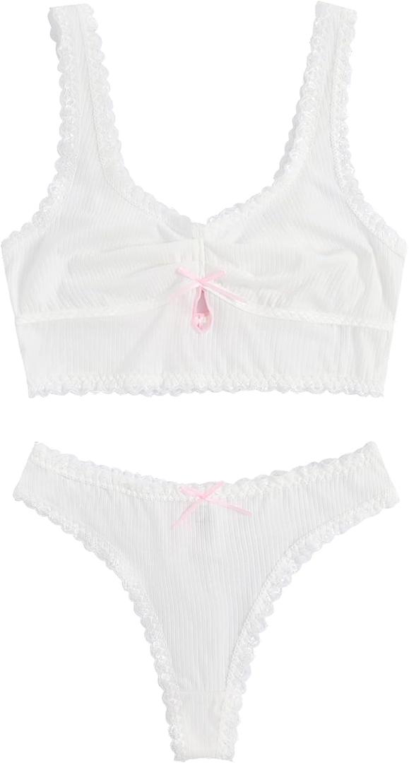 WDIRARA Women's Plus Size Lace Trim Ruched Underwire Lingerie Set Bralette and Panty Set (White, L)