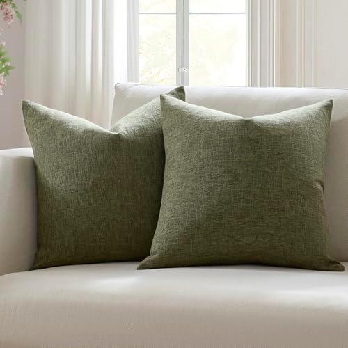 Meekio Set of 2 Dark Moss Green Pillow Covers 18x18, Farmhouse Linen Decorative Throw Cushion Covers for Sofa Couch