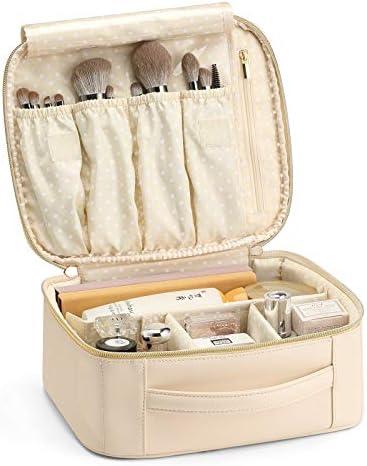 Vlando Makeup Bag,Gifts for Women Travel Makeup Bag Organizer Leather Make up Storage Bag for Women Adjustable Dividers Make up Brushes Case for Valentine's Day Birthday-white