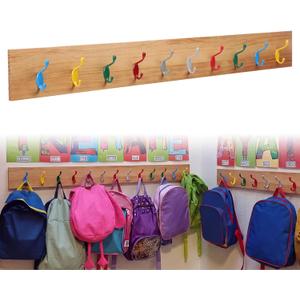Fuutreo 39'' Large Classroom Coat Hook Wall Mounted Hanger Rail Wall Backpack Hook with 10 Rainbow Metal Hooks Wood Panel Backpack Coat Rack for Back to School Organizer Clothes Jackets Hats Keys