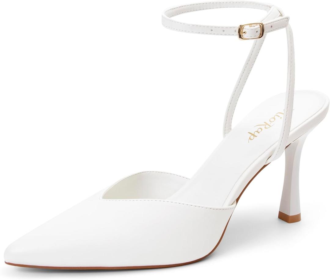 Miorap Closed Pointed Toe Kitten Slingback Heels for Women Ankle Strap Pumps Wedding Party Dressy Comfort Shoes White Size 9