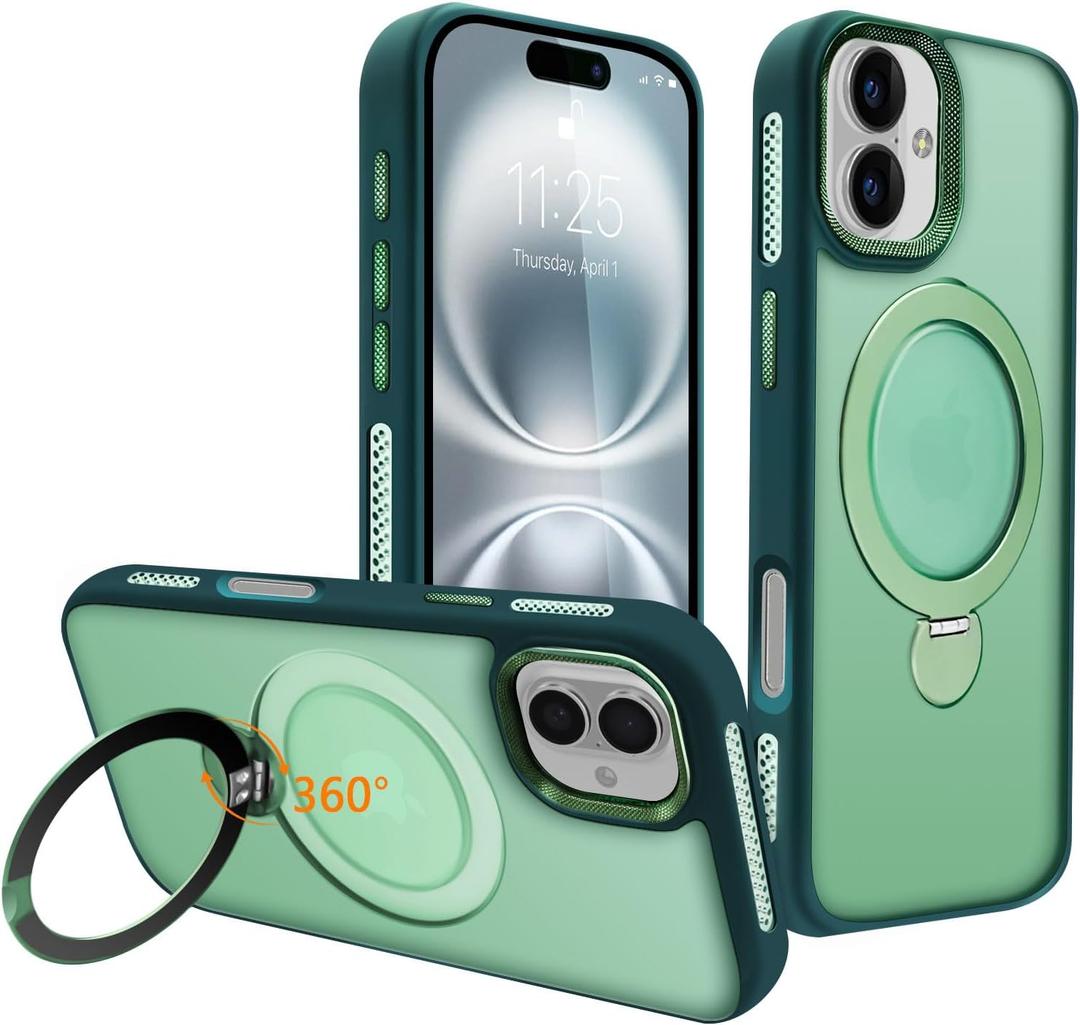 for iPhone 16 Plus Case with 360 Spin Magnetic Stand Compatible with MagSafe [Built-in Invisible Bracket][with Honeycomb Cooling Holes] Good Heat DissipationMetal Lens FrameGreen