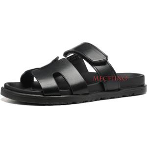 Leather Sandals for Womens w/Strap Non Slip Platform Sandals w/Memory Foam Comfortable Summer Slide Sandals -39, 7, Black