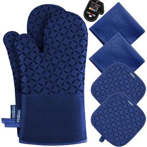 KEGOUU Oven Mitts and Pot Holders 6pcs Set, Kitchen Oven Glove High Heat Resistant 500 Degree Extra Long Oven Mitts and Potholder with Non-Slip Silicone Surface for Cooking(Marine Blue)