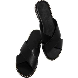 Jeimpoey Womens Studded Flat Sandals Open Toe Slip on Mule Slides Crossed Strap Slipper (6.5, Black)