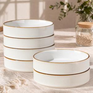 GBhome Pasta Bowls Set of 6, 7.5 Stoneware Dinner & Salad Bowls, Double Reactive Glaze Ceramic Soup Bowls, Stackable, Microwave & Dishwasher Safe, White with Honey-Brown Edge