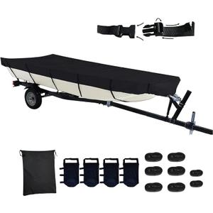 Jon Boat Cover 12ft 420D Waterproof Trailerable Jon Boat Upgraded Version with Additional Fixing Accessories Scratch-Resistant All-Weather Protection (12ft Long, Beam Width up to 56in, Black)