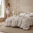 Bedsure 100% Washed Cotton Duvet Cover Queen Size - Linen Color Minimalist Cotton Duvet Cover Linen Like for All Seasons - GentleSoft Plain Simple Bedding (Queen, 90"x90")