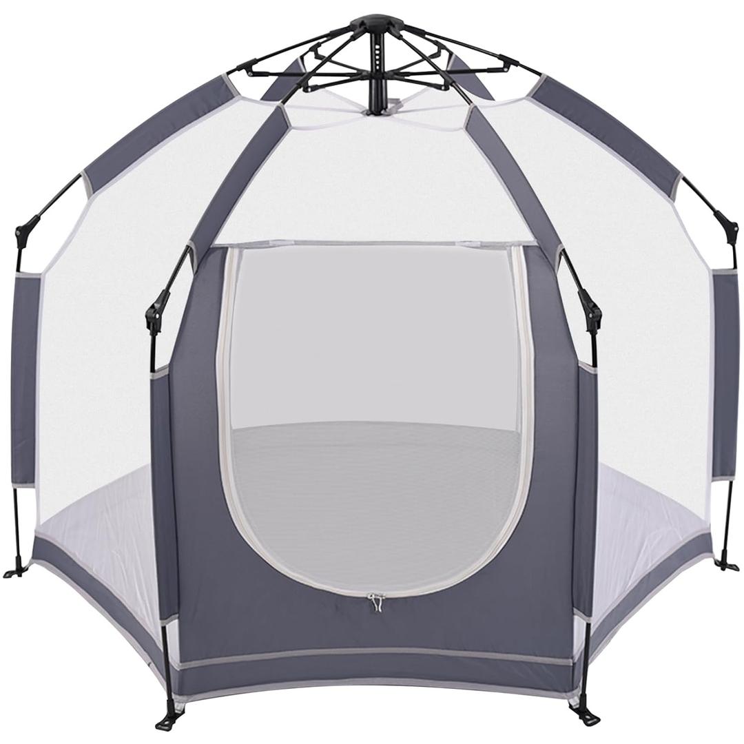 Baby Playpen with Canopy, Portable Mesh Play Yard Indoor and Outdoor, Pop Up Toddler Playpen with Dome, Lightweight Foldable Playspace for Home, Beach and Park, Gray (Grey)