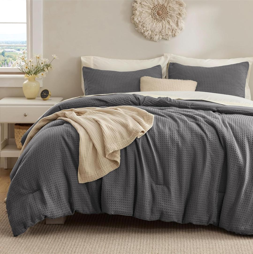 Bedsure Waffle Comforter Set Queen, Soft and Breathable Dark Grey Bedding Comforter Set, 3 Pieces, 1 Waffle Weave Comforter (90"x90") and 2 Pillowcases (20"x26"+2")