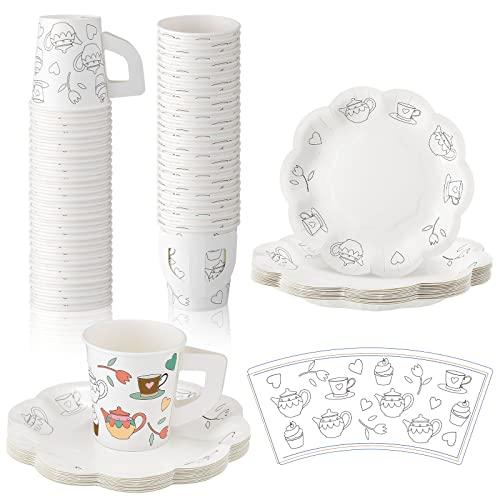 Nuenen 36 Set Color Your Own Tea Party Paper Cups with Handles Disposable Tea Cups and Saucers Plates DIY Coloring Activity Crafts for Kids Birthday Party