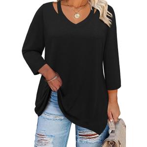 Amrto Plus Size Shirts for Women 3/4 Length Sleeve Tops Cotton Loose Fit Dressy Cut Out V Neck Tunic with Leggings, (2XL)