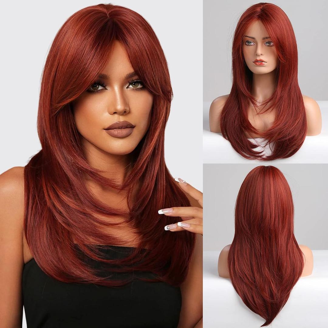 HAIRCUBE Red Wigs for Women,Long Layered Wigs with Bangs Heat Resistant Synthetic Fibre Wigs(pelucas de cabello natural)