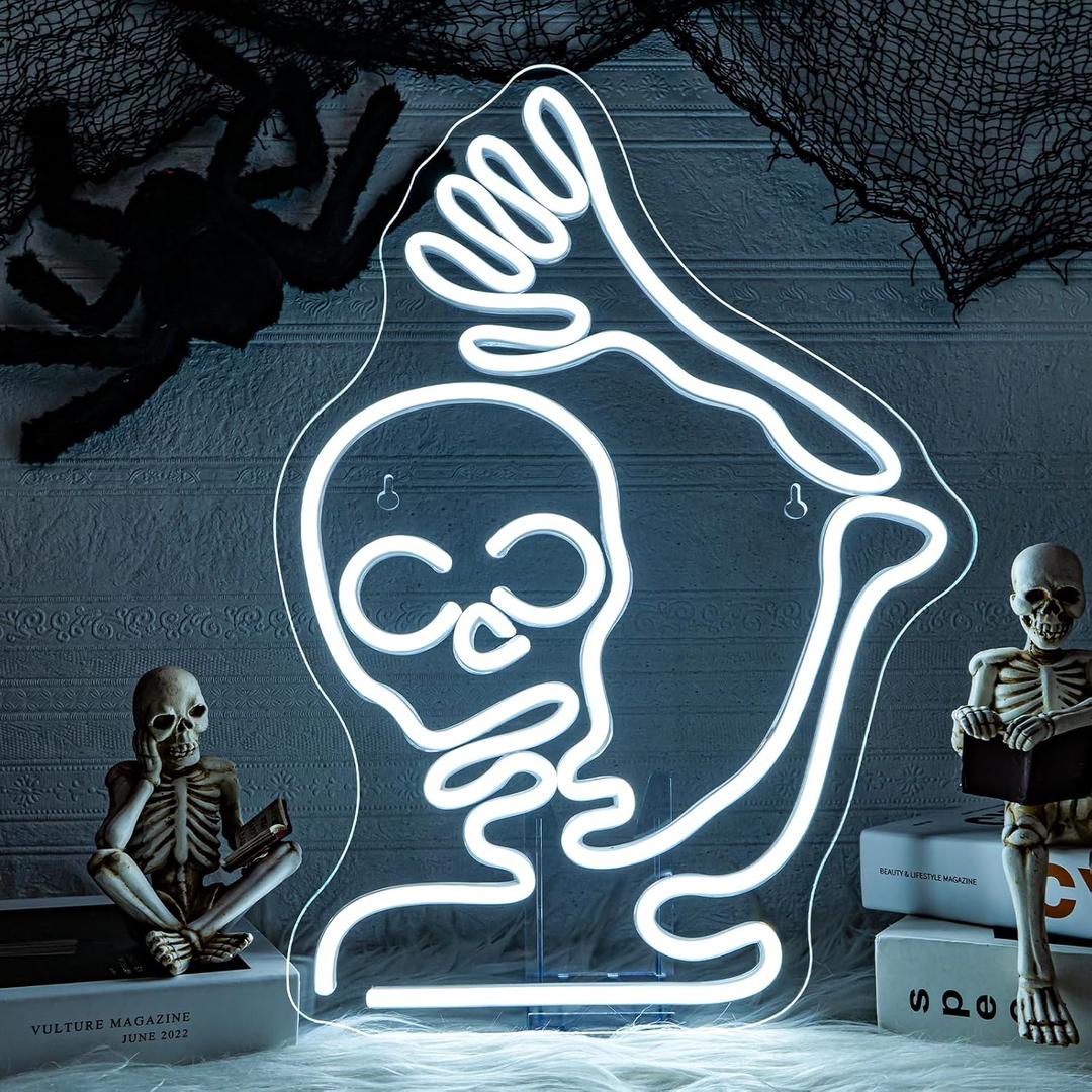 Skeleton Skull Neon Sign Halloween Decor Neon Signs For Wall Skeleton Halloween Led Lights For Bedroom Front Door Man Cave Bar Game Room Party Decoration Gifts USB Powered LED light 11.4x15.9in
