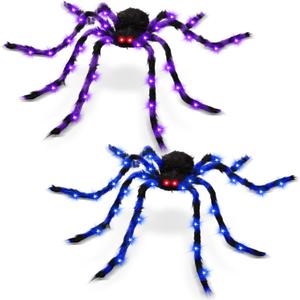 2 Pack 50" Halloween Light Up Spiders, Giant Hairy Spider Decorations with Blue and Purple LED Lights, Scary Indoor Outdoor Halloween Decor for Yard Porch Tree Party Haunted House