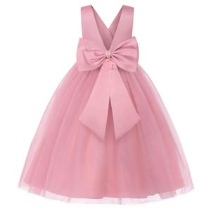 JerrisApparel Girls' Tulle Flower Girl Dress Sleeveless Princess Party Gown for Kids with Pearl Waist Large Bow (5-6 Years, Pink) (Pink)