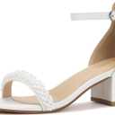 PARTY Women's Open Toe Ankle Strap Low Block Chunky Heels Sandals (White), Size 11