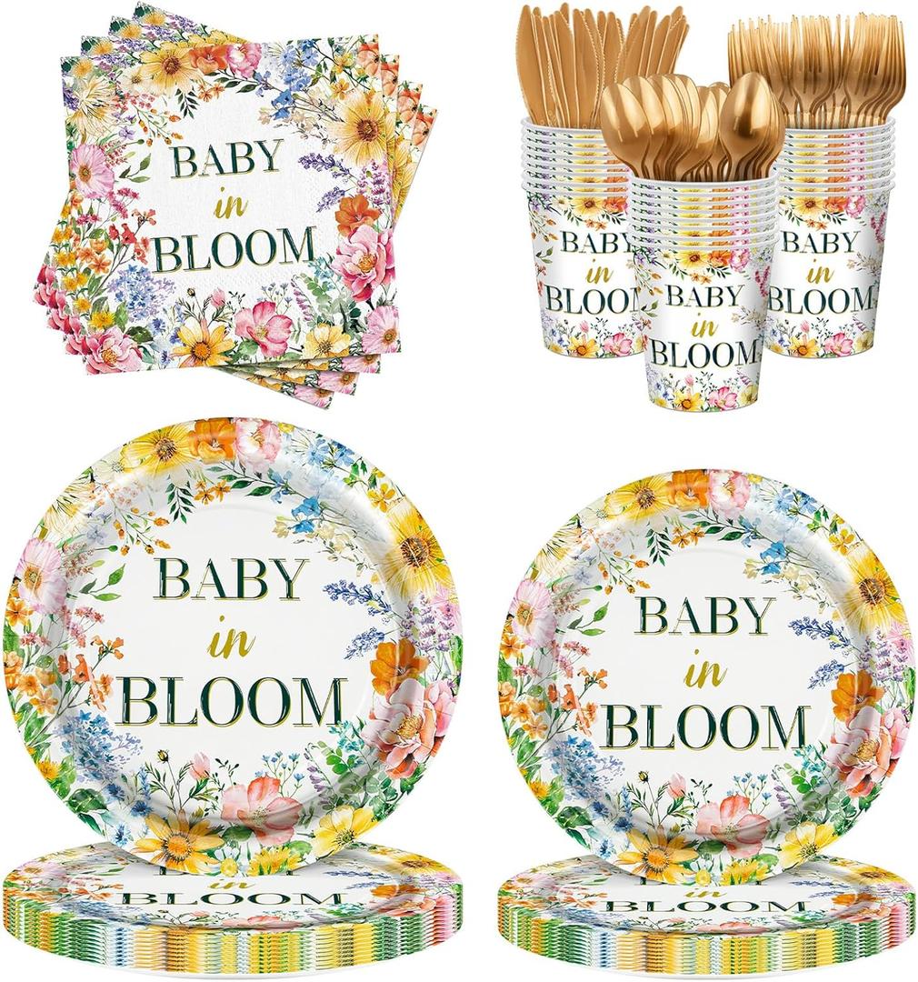 Kelfara 200Pcs Spring Baby in Bloom Baby Shower Decorations Plates Set, Wildflower Floral Baby Shower Paper Plates Napkins Cups and Gold Cutlery Set, Serve 25