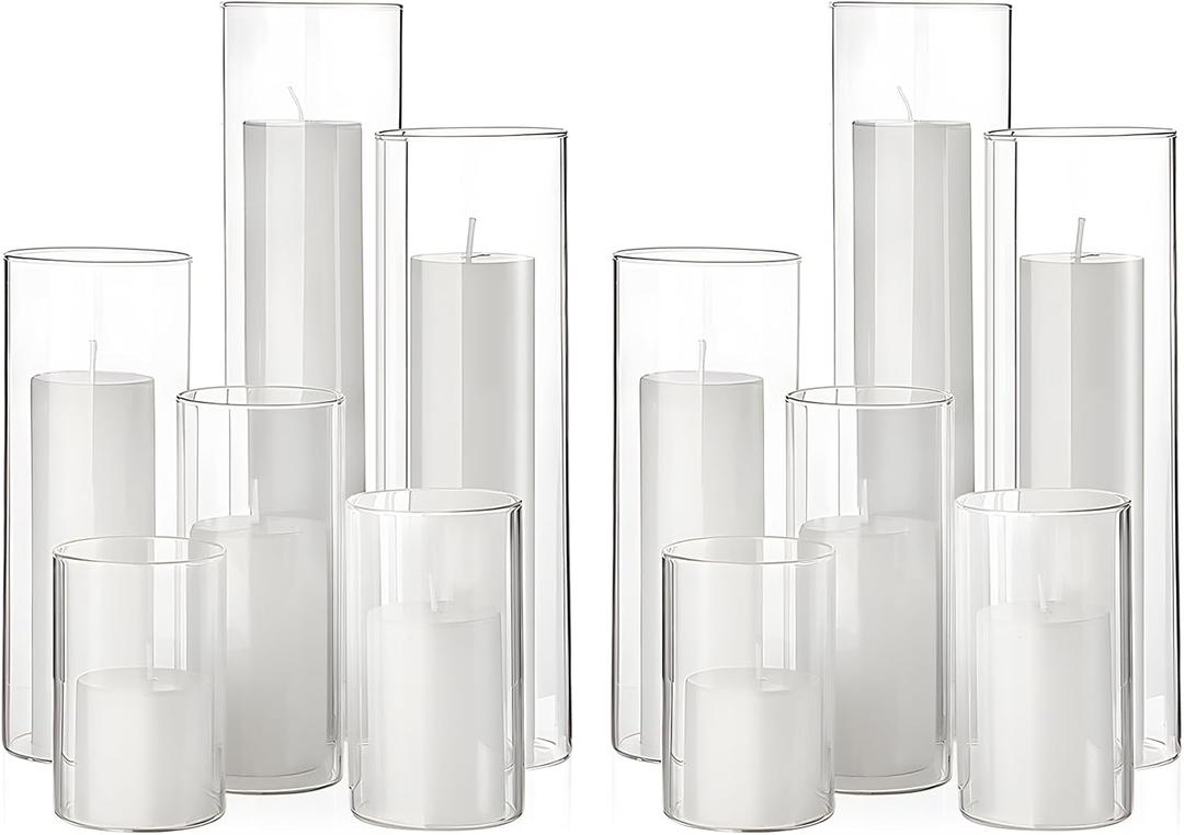 Shihanee Set of 12 Pillar Candles and Glass Cylinder Vases Assorted Sizes Cylinder Holders for Pillar Candles Home Table Centerpieces Wedding Party Decorations (White)