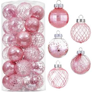 30ct Christmas Ball Ornaments-60mm/2.36" Shatterproof Clear Plastic Xmas Balls Baubles Set with Stuffed Delicate Sparkling, Hanging Christmas Tree Decorations (Pink)
