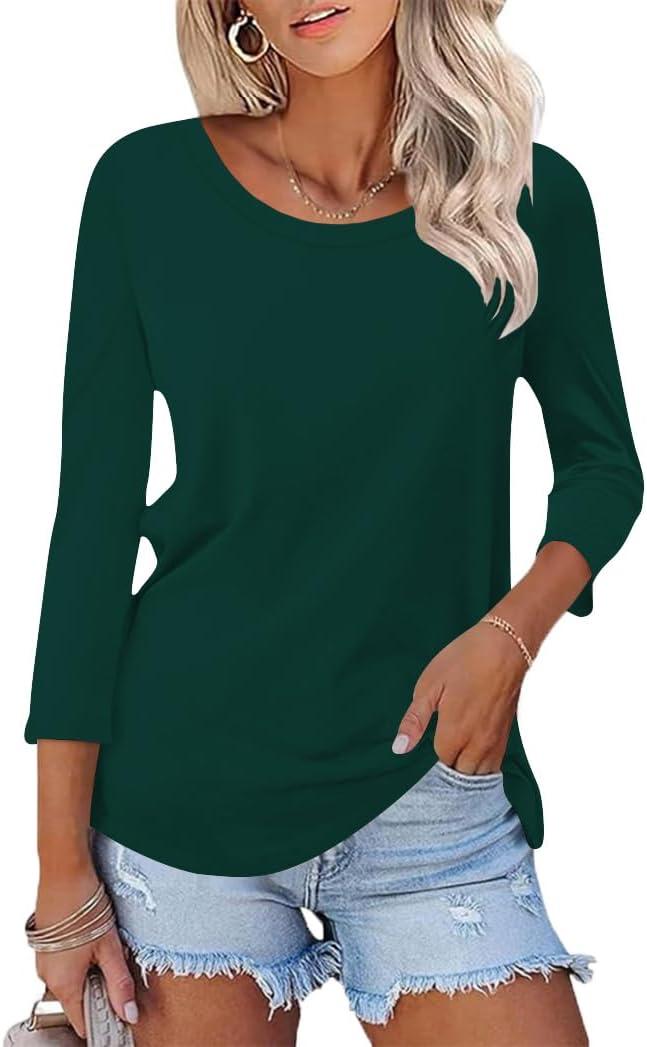 Poetsky Women's V Neck 3/4 Sleeve T Shirt Casual Loose Basic Tops Summer Tee Blouses (Green, S)
