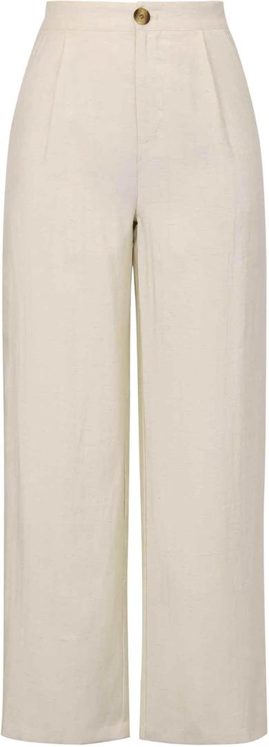 Allegra K Casual Linen Pants for Women Wide Leg High Waist Button Trousers with Pockets (Small, Beige)