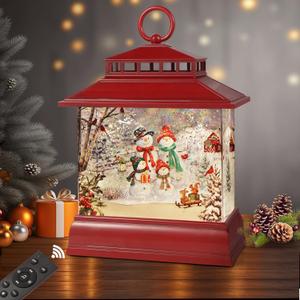 Christmas Snow Globe Lantern Water Glittering Lantern with 8 Songs & 6H Timer Romote Control Christmas Snow Globes USB & Battery Operated for Christmas Festival Decorations Gifts (Snowman Family)