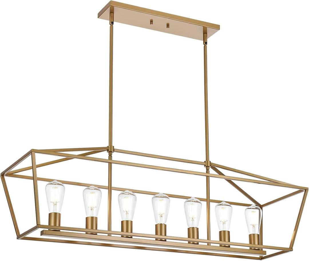 Gold Chandelier, Modern 7 Lights Metal Light Fixture for Dining Room Farmhouse Metal Kitchen Island Lighting Large Rectangle Hanging Pendant Lighting for Living Room Foyer Bedroom